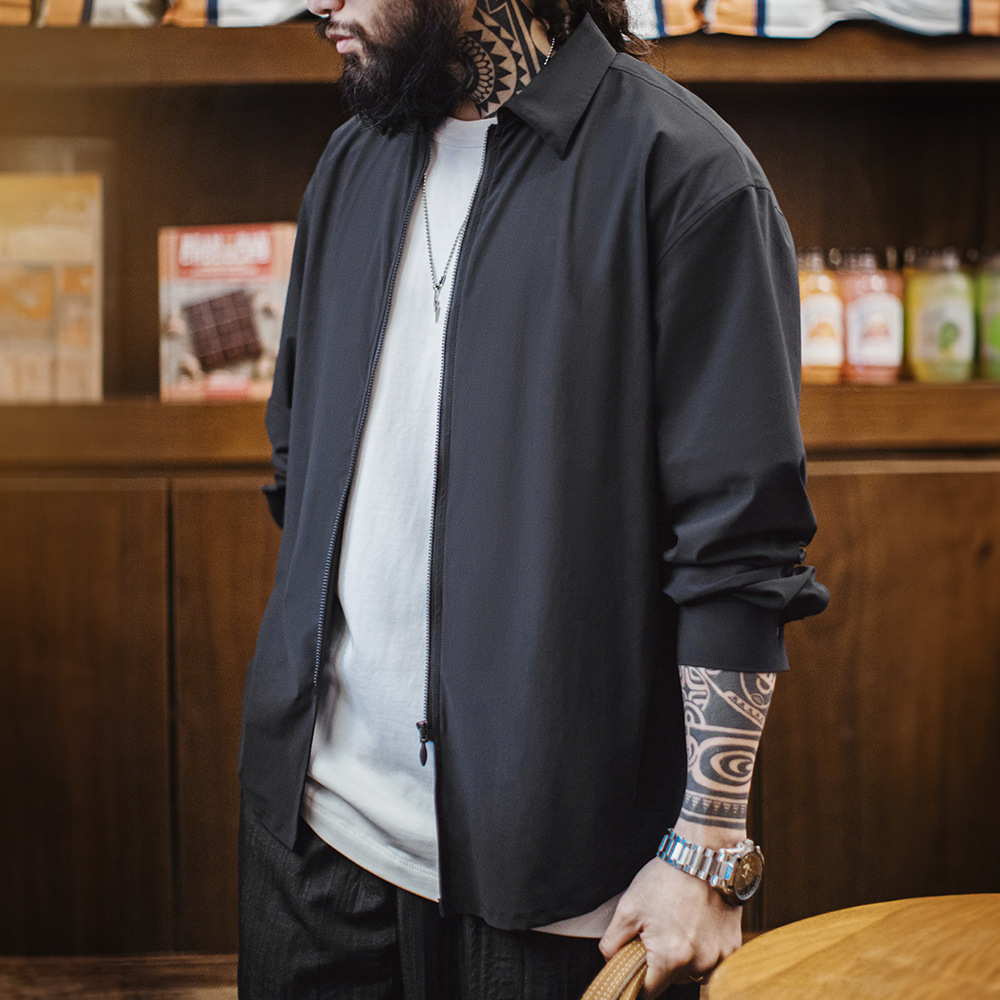 馬登工裝 美式休閒垂感冰絲襯衫透氣Cleanfit凉感黑長袖拉鏈襯衣男春夏