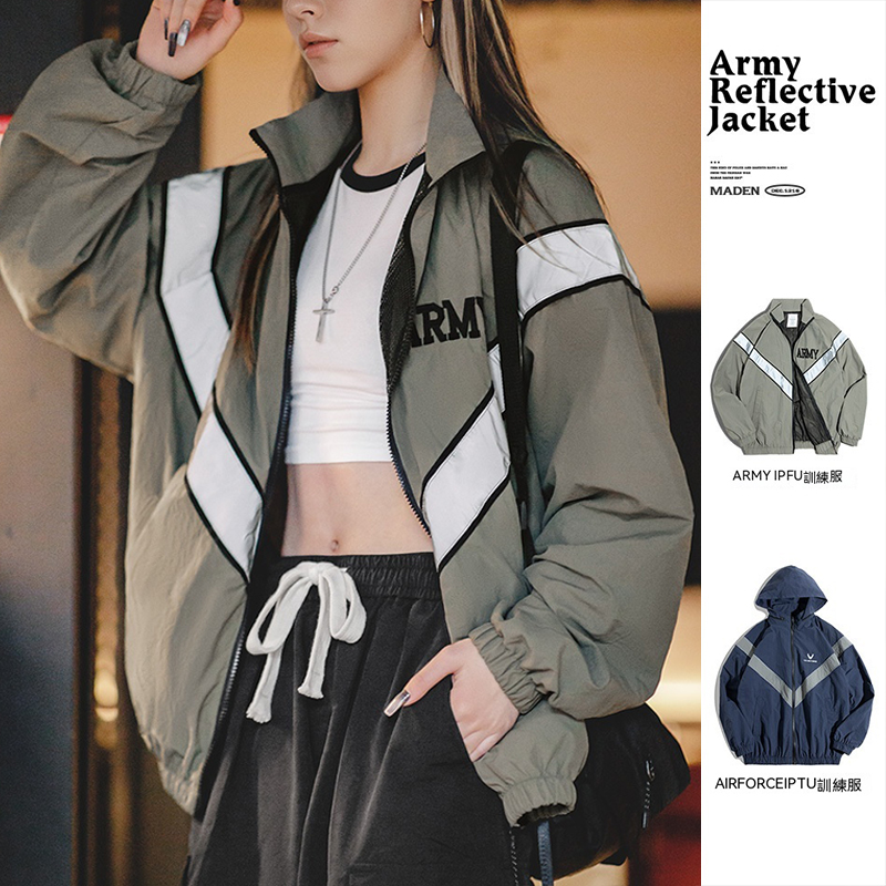 馬登女裝 復古ARMY反光飛行員夾克速乾運動訓練服外套