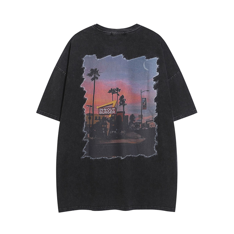 美式復古水洗做舊街頭風景印花短袖T恤寬鬆百搭情侶上衣