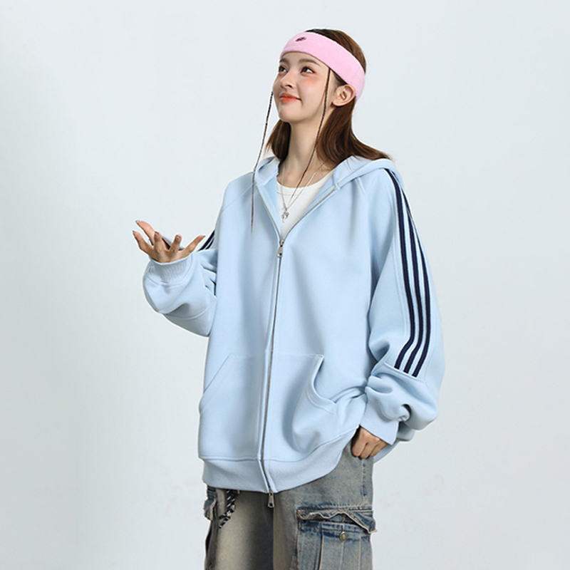 美式重磅潮牌三條槓條紋連帽衛衣外套春秋百搭休閒情侶套裝