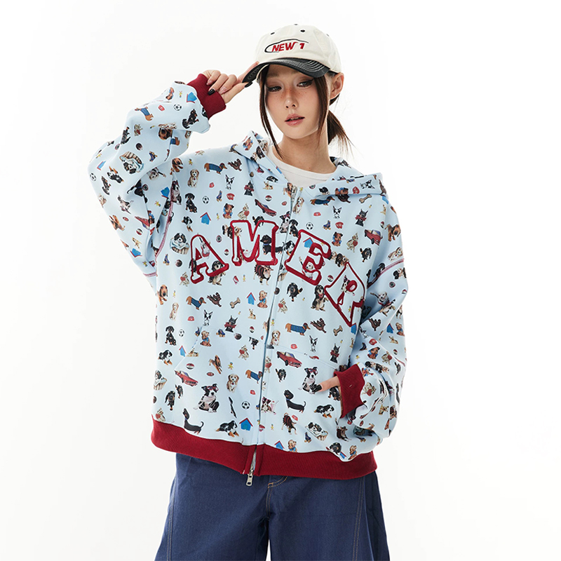 美式復古小狗滿印連帽衛衣外套字母刺繡小眾設計感開衫外套