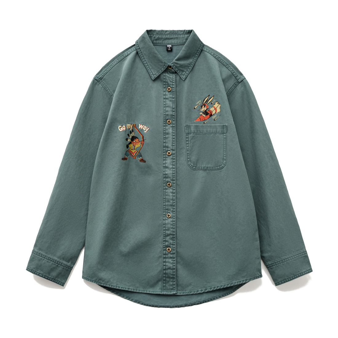 馬登女裝 純棉復古水洗日系刺繡印花寬鬆長袖襯衣衫外套硬挺上衣女士秋