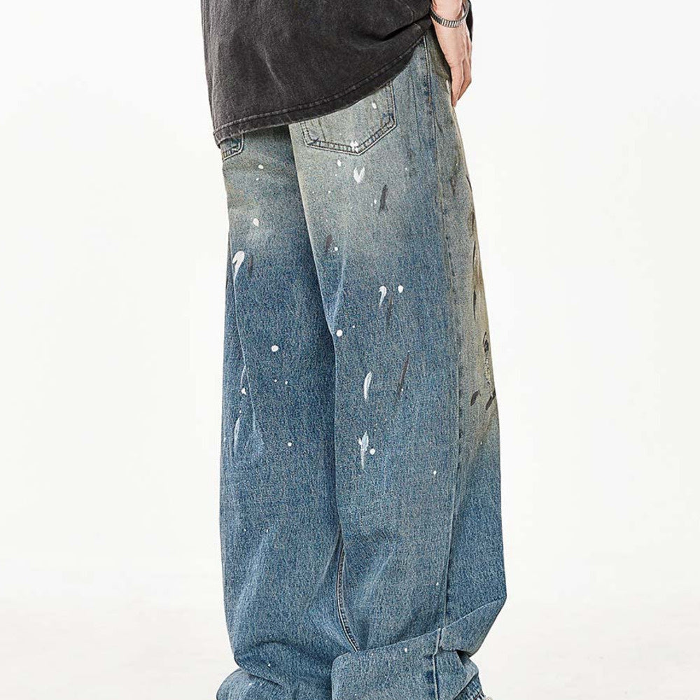 紮染潑墨直筒牛仔褲女美式高街做舊寬鬆拖地闊腿褲