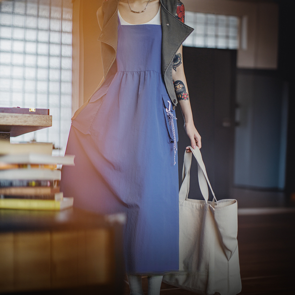 馬登女裝 夏日系海邊度假無袖吊帶背心連衣裙掐腰山系工裝多口袋長裙