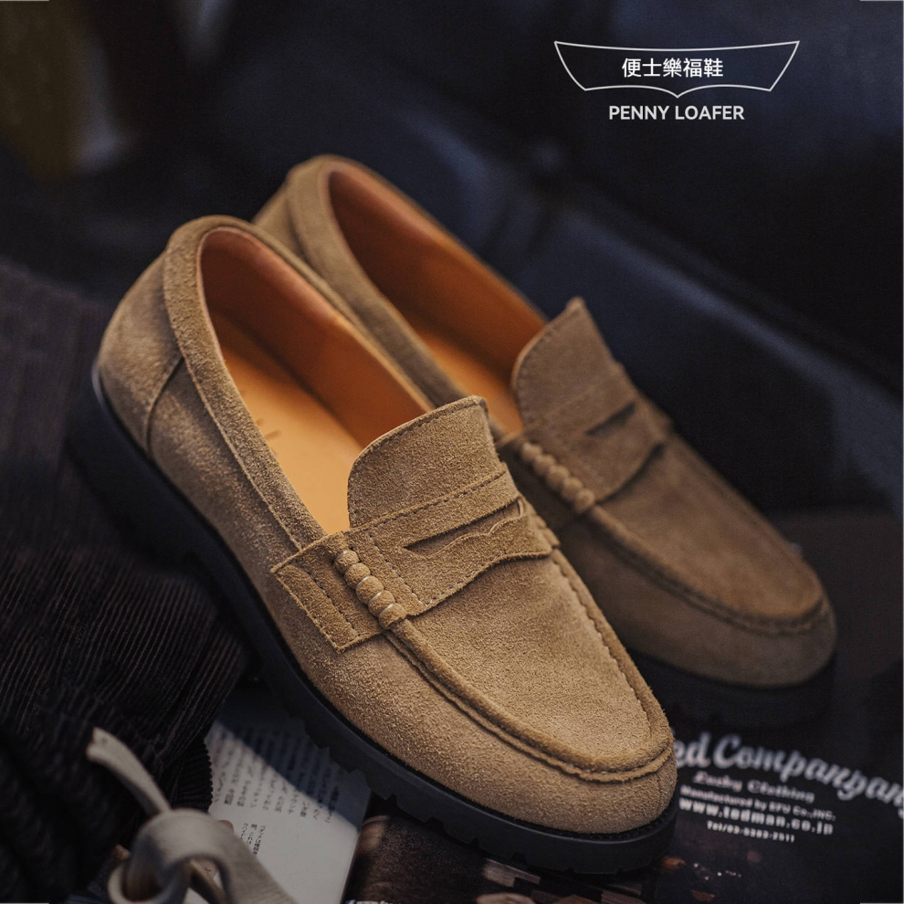 馬登工裝 便士樂福鞋老錢風男士高級感一脚蹬真皮休閒翻毛皮鞋