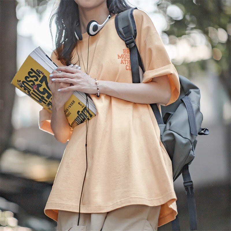 馬登女裝 美式休閒馬卡龍色短袖T恤寬鬆純棉字母印花情侶套頭衫