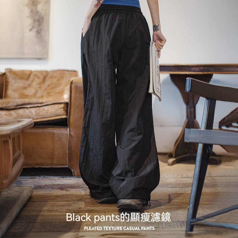 馬登女裝 夏季黑色鬆弛感休閒褲寬鬆工裝褲闊腿顯瘦抽繩束脚長褲