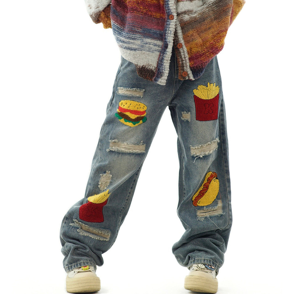 美式復古漢堡薯條破洞水洗牛仔褲寬鬆秋季街頭休閒長褲男女