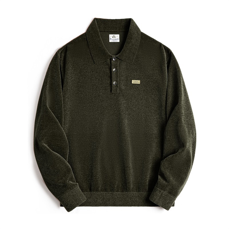 馬登工裝 美式復古雪尼爾半開襟polo衫寬鬆翻領套頭長袖衛衣男秋季
