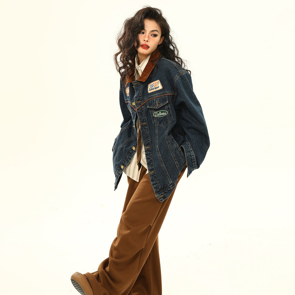 美式復古牛仔外套機車潮牌翻領夾克寬鬆上衣