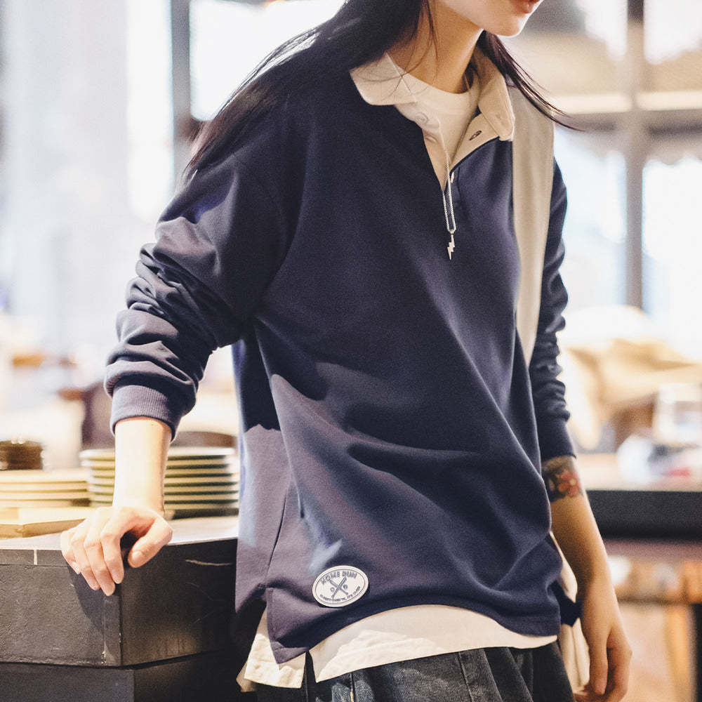 馬登女裝 美式復古長袖Polo衫衛衣撞色T恤打底衫寬鬆上衣