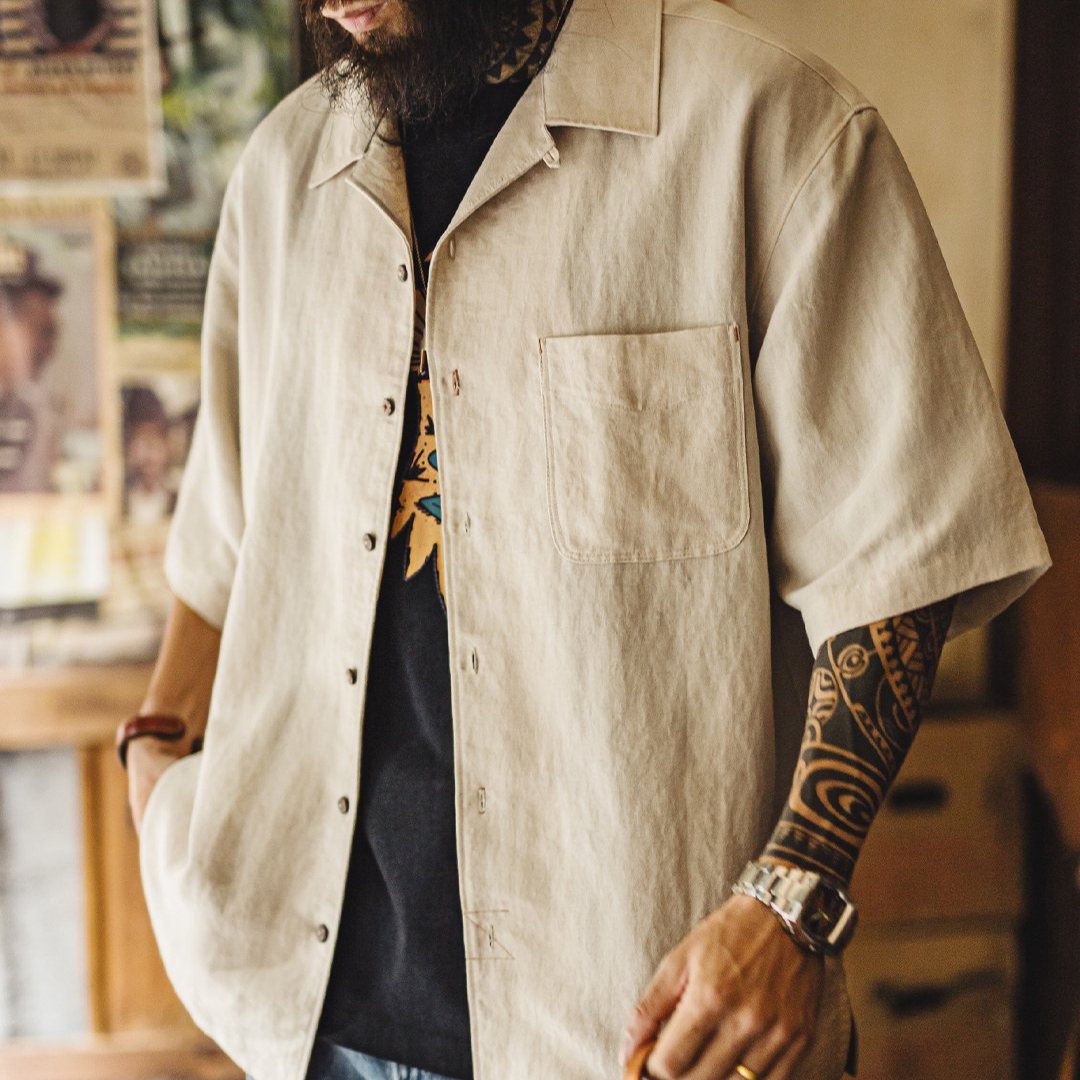 馬登工裝 萊賽爾短袖襯衫天絲古巴領鬆弛感襯衣美式老錢風襯衫夏季