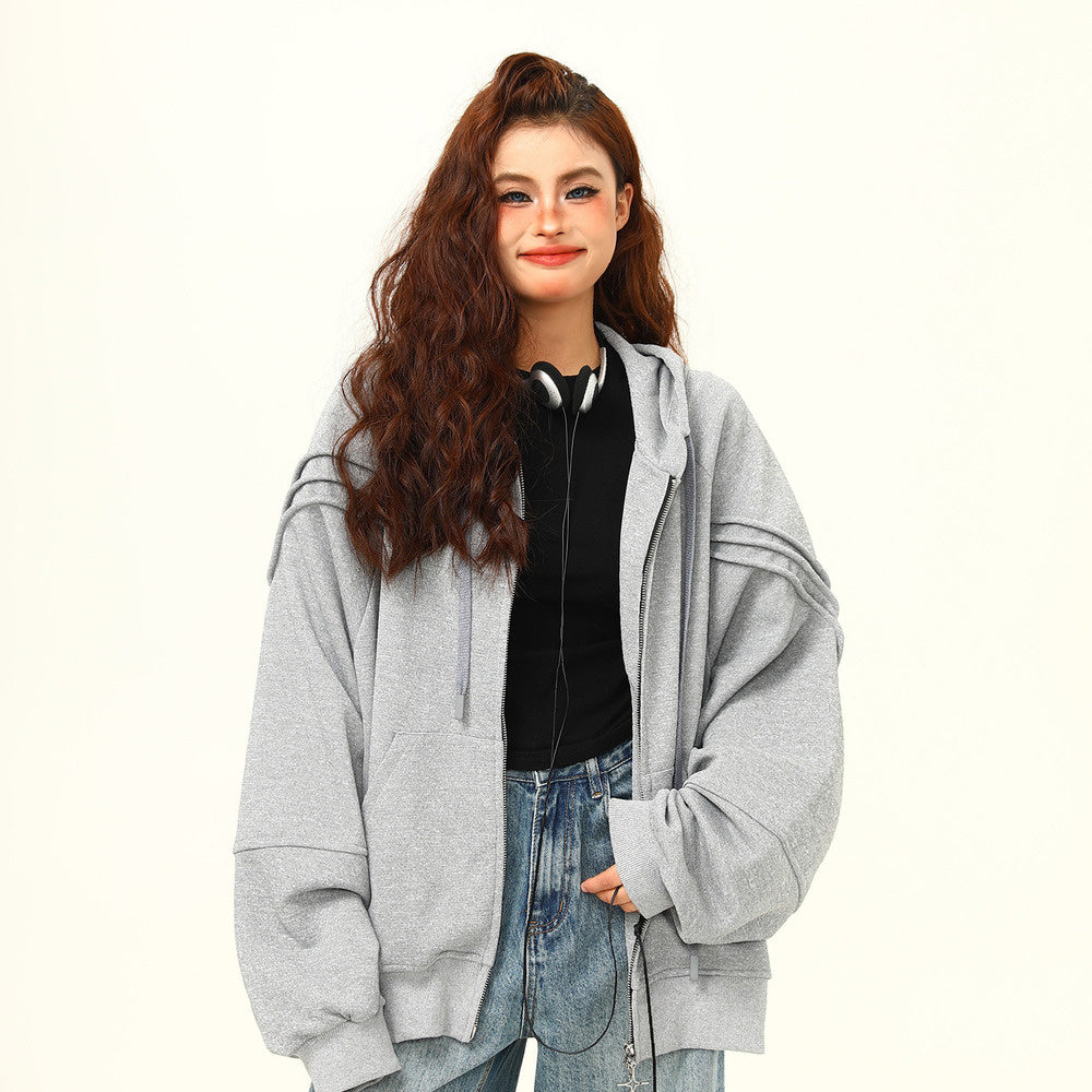 早秋衛衣外套小眾高級感拉鏈外套寬鬆灰色慵懶情侶上衣