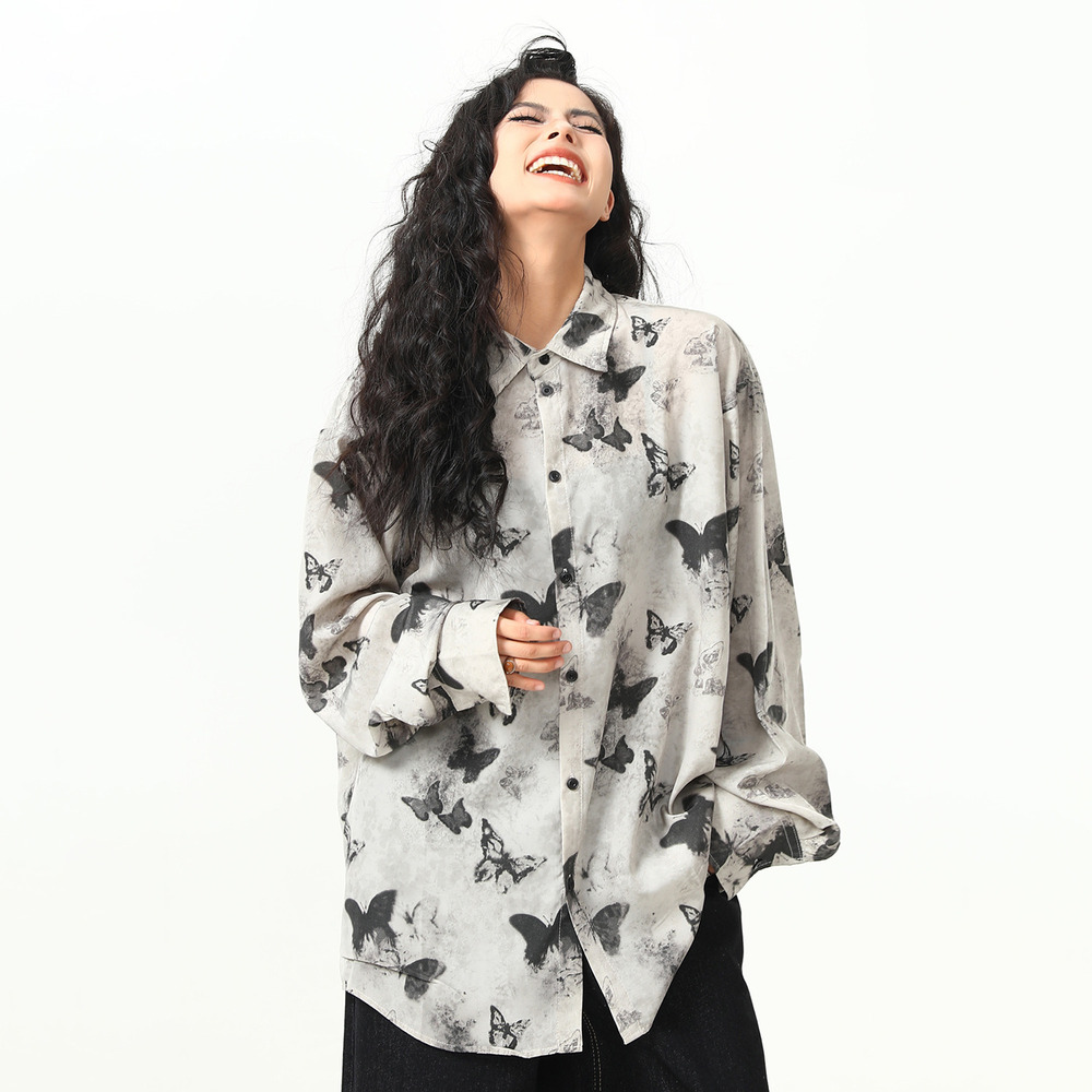 古著感蝴蝶印花短袖襯衫女美式個性夏季涼感襯衣