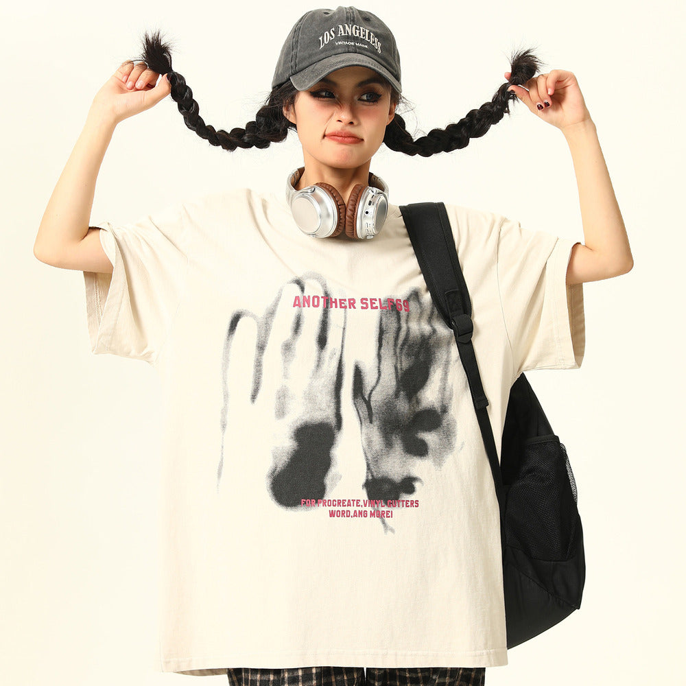 美式復古設計感印花水洗短袖T恤寬鬆情侶上衣潮