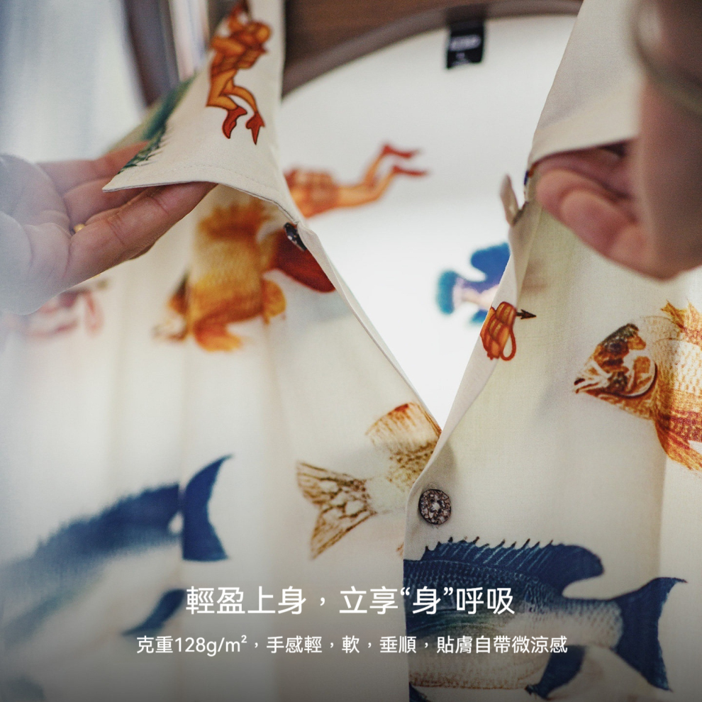馬登工裝 美式復古印花古巴領襯衣寬鬆休閒設計感短袖花襯衫男夏薄款