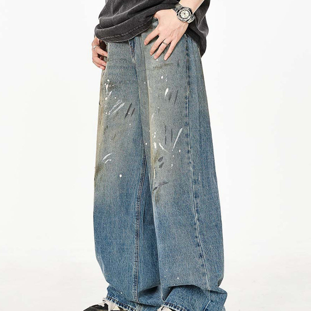 紮染潑墨直筒牛仔褲女美式高街做舊寬鬆拖地闊腿褲