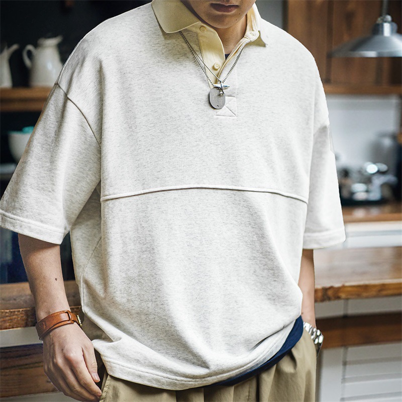 馬登工裝 美式復古重磅針織短袖Polo衫Cleanfit翻領五分袖T恤