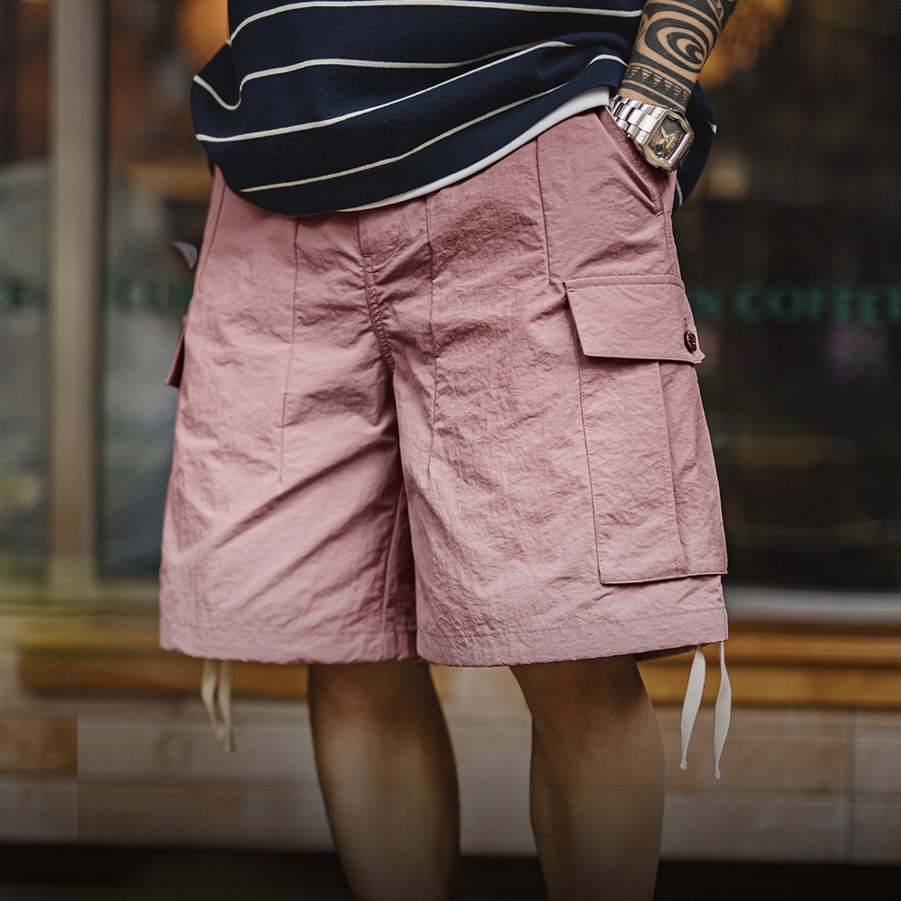 馬登工裝 山系速幹短褲美式大口袋梭織寬鬆直筒粉色薄款短褲男夏季