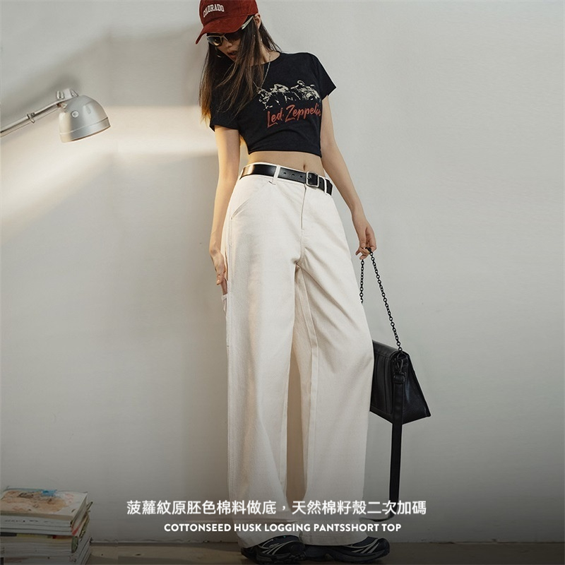 馬登女裝 美式復古棉籽殼白色伐木工直筒褲純棉百搭休閒工裝褲
