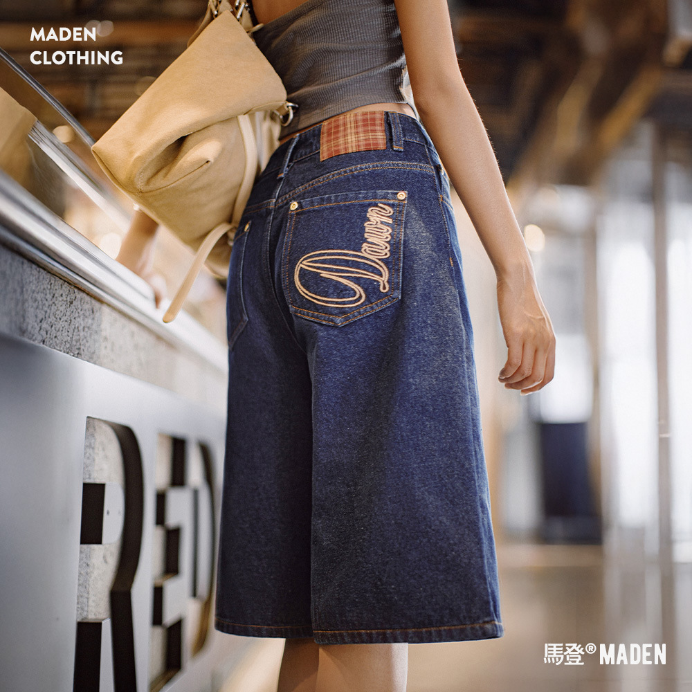 馬登女裝 復古深藍丹寧牛仔七分褲闊腿顯瘦修腿型牛仔褲
