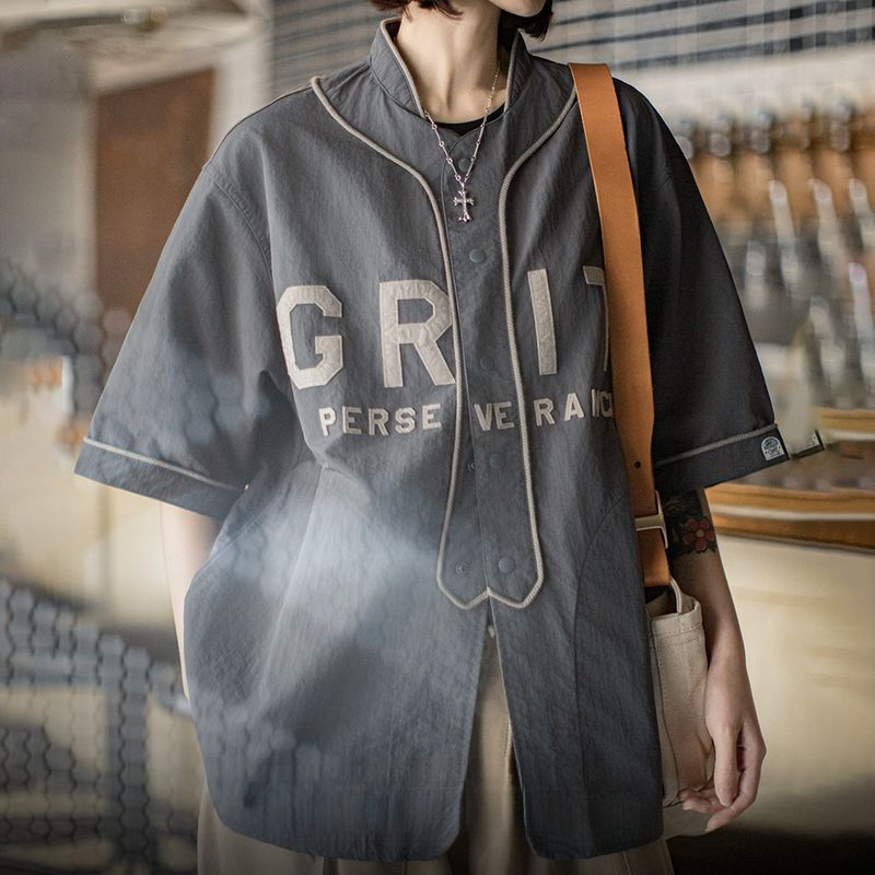 馬登女裝 夏日美式休閒Oversize棒球服半開襟襯衫日系灰色薄款襯衣