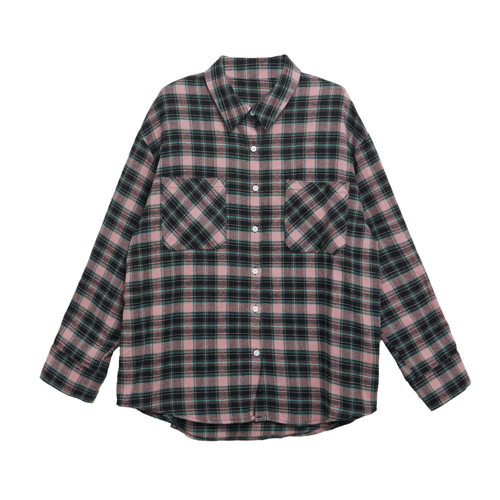 美式復古格子長袖襯衫外套女秋設計感小眾襯衣上衣