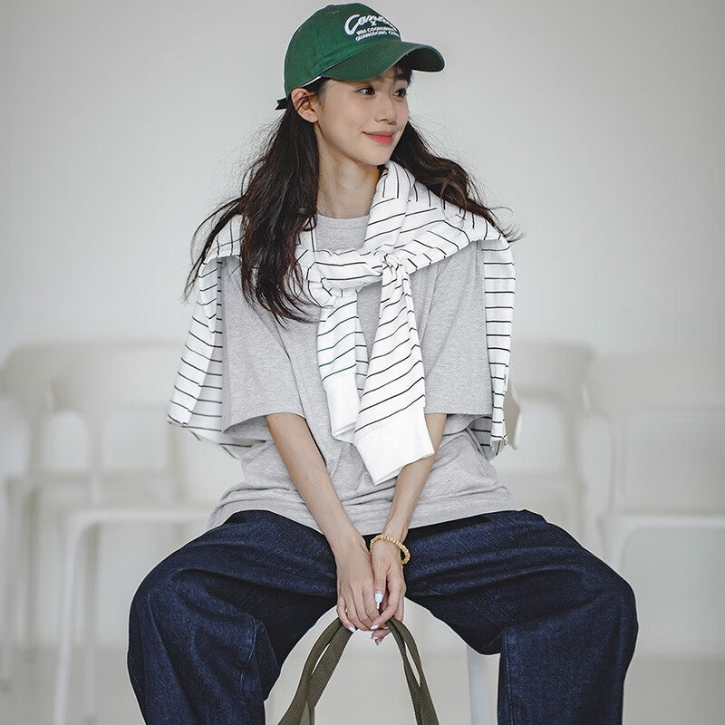 馬登女裝 美式休閒純色T恤寬鬆基礎款落肩短袖透氣上衣