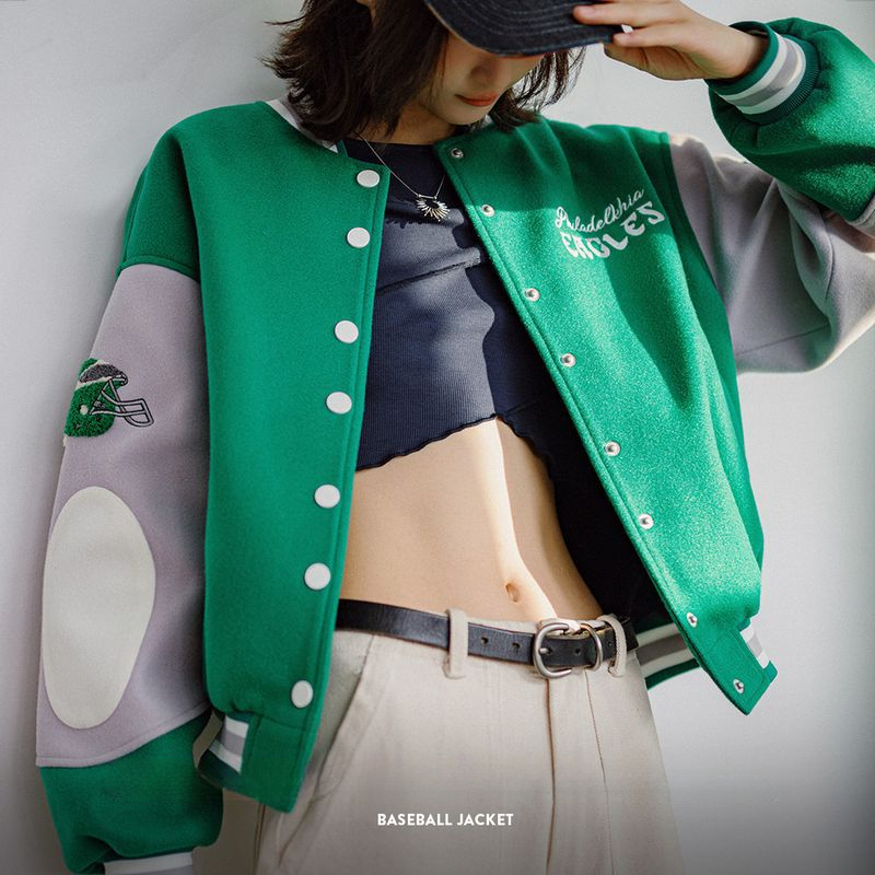 馬登女裝 美式撞色拼接棒球服外套復古休閒毛呢夾克刺繡厚短上衣秋冬
