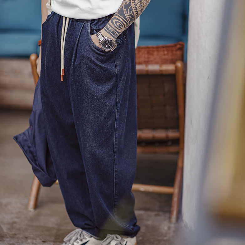 馬登工裝 美式休閒Jogger丹寧牛仔褲vibe鬆緊腰抽繩水洗直筒褲男秋