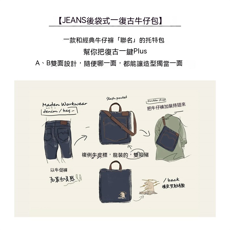 馬登工裝 美式復古牛仔單肩斜挎包丹寧刺繡大容量手提平板托特包