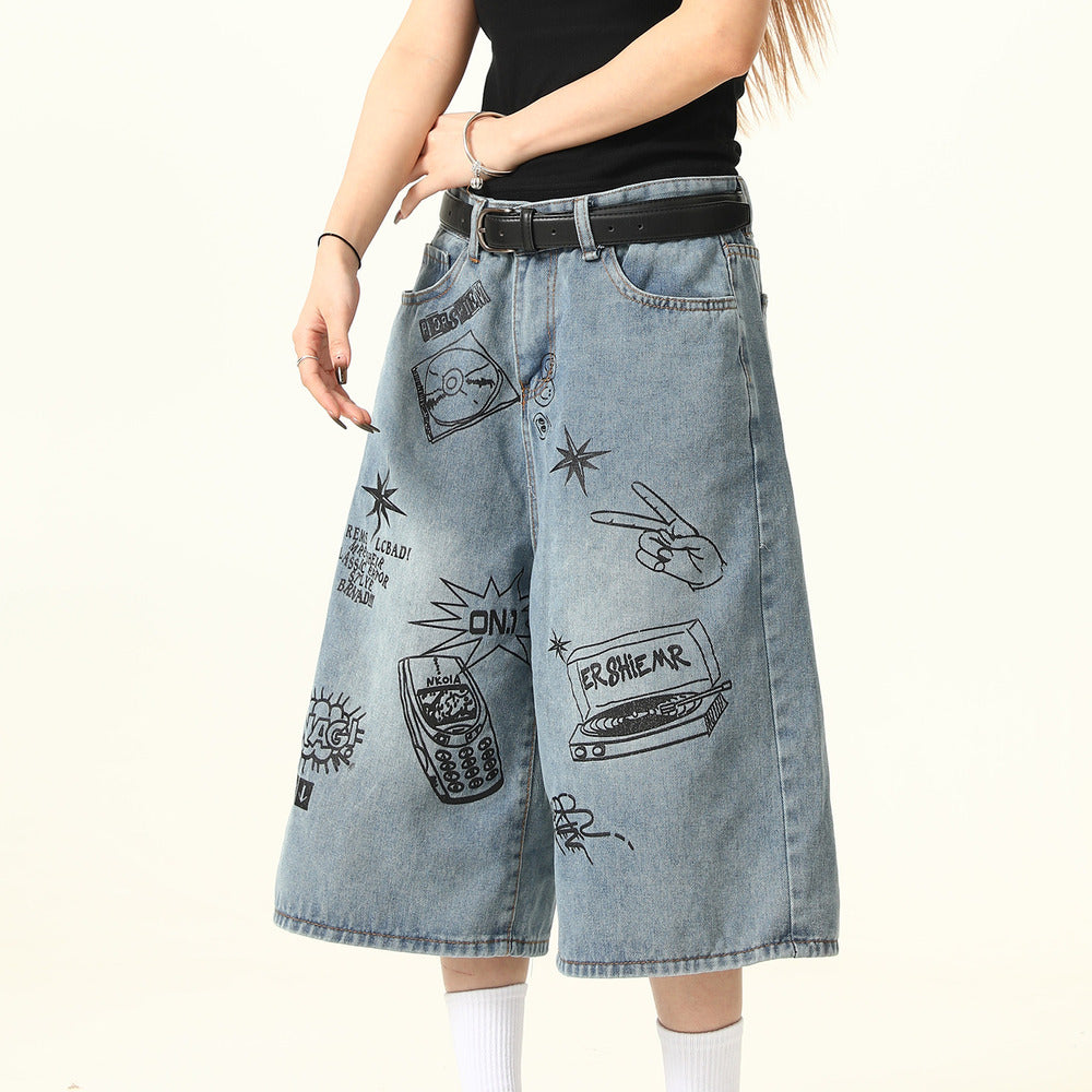小眾設計感塗鴉字母牛仔短褲男女美式復古潮牌寬鬆七分褲