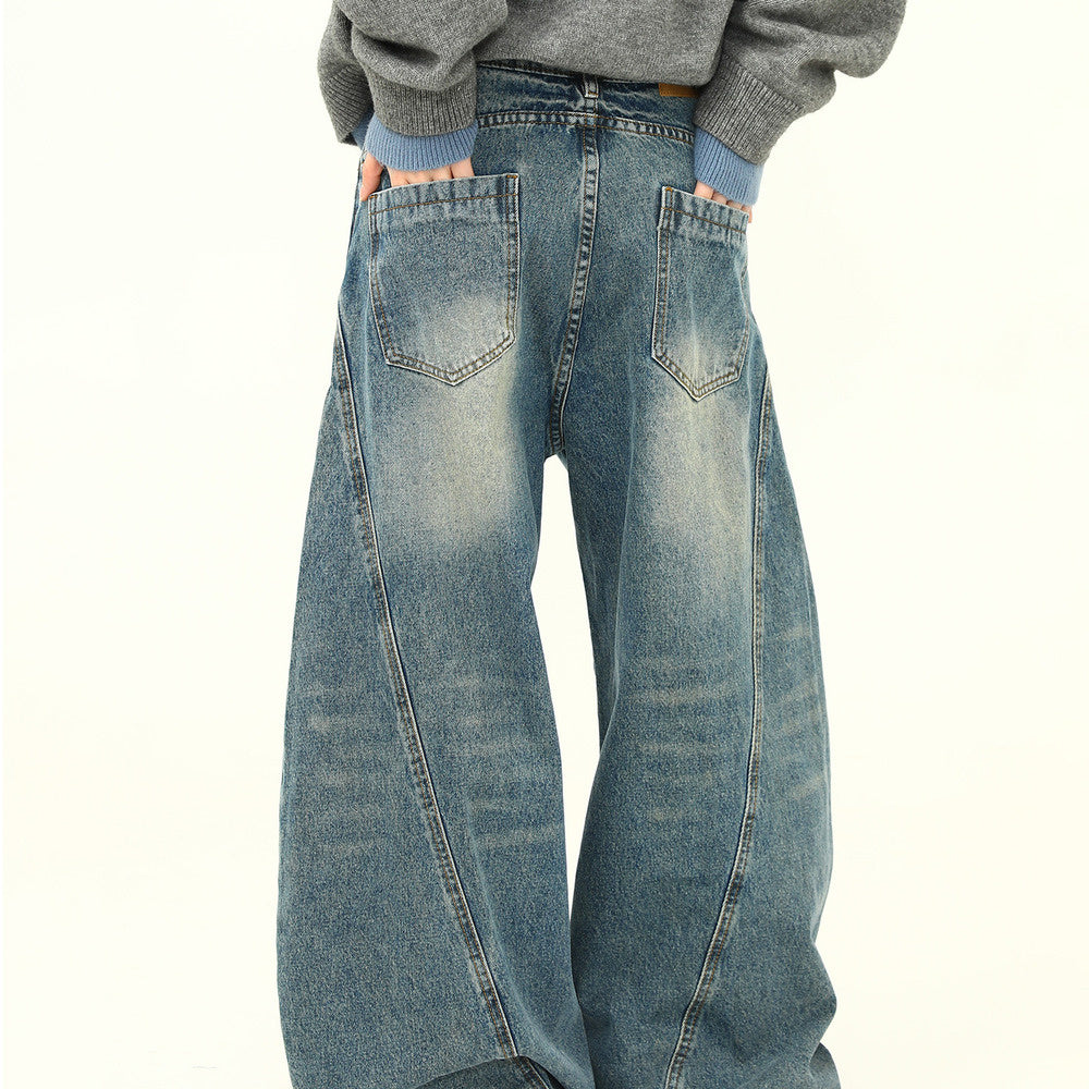 美式復古簡約彎刀褲洗水做舊小眾設計感闊腿寬鬆牛仔褲