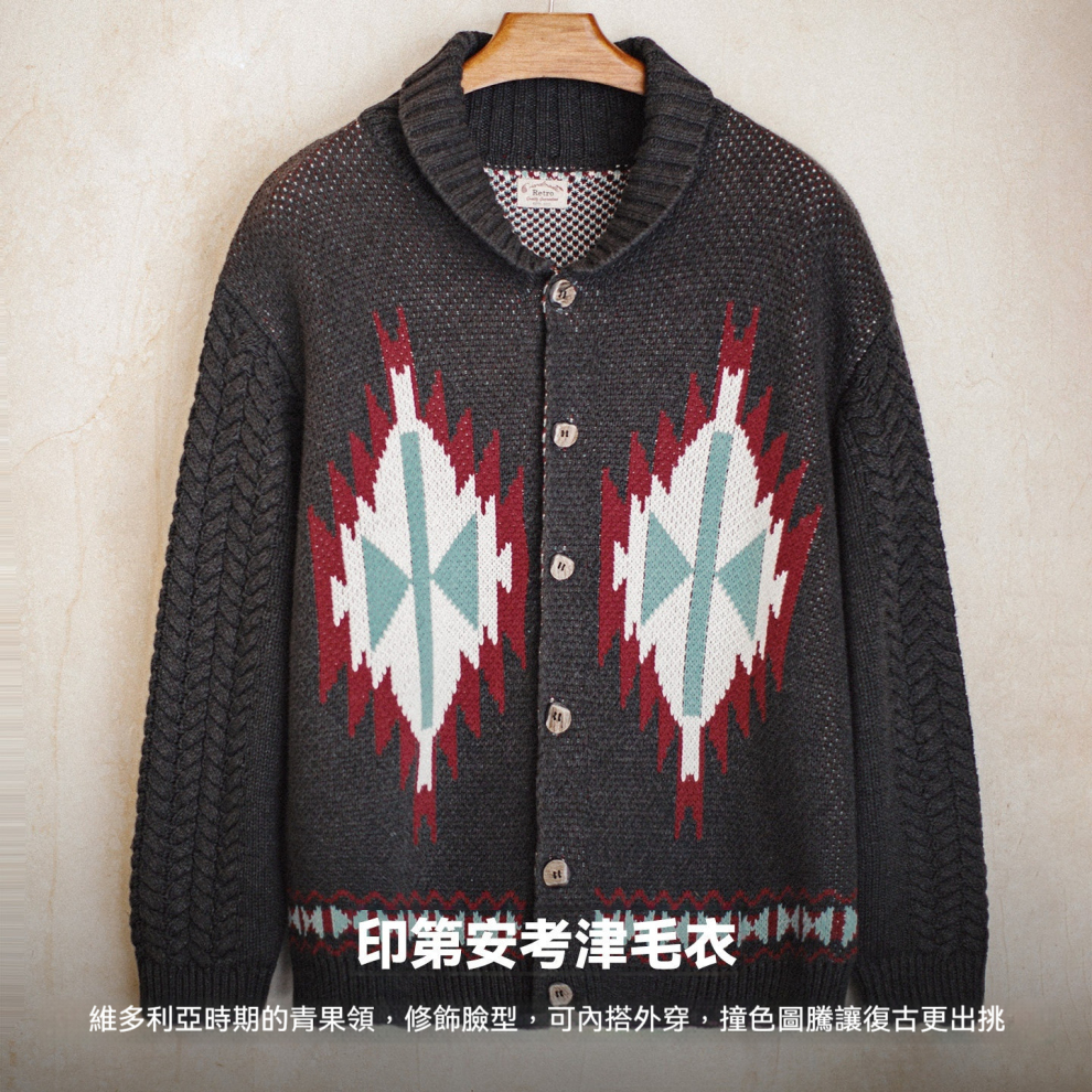 馬登工裝 美式復古考津毛衣外套印第安青果領開衫針織毛衫男秋冬