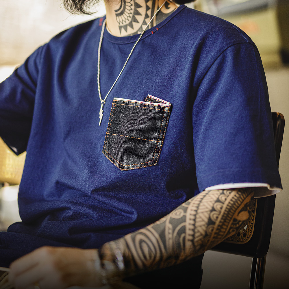 馬登工裝 美式復古植物藍染T恤日系重磅純棉二本針口袋短袖男春夏