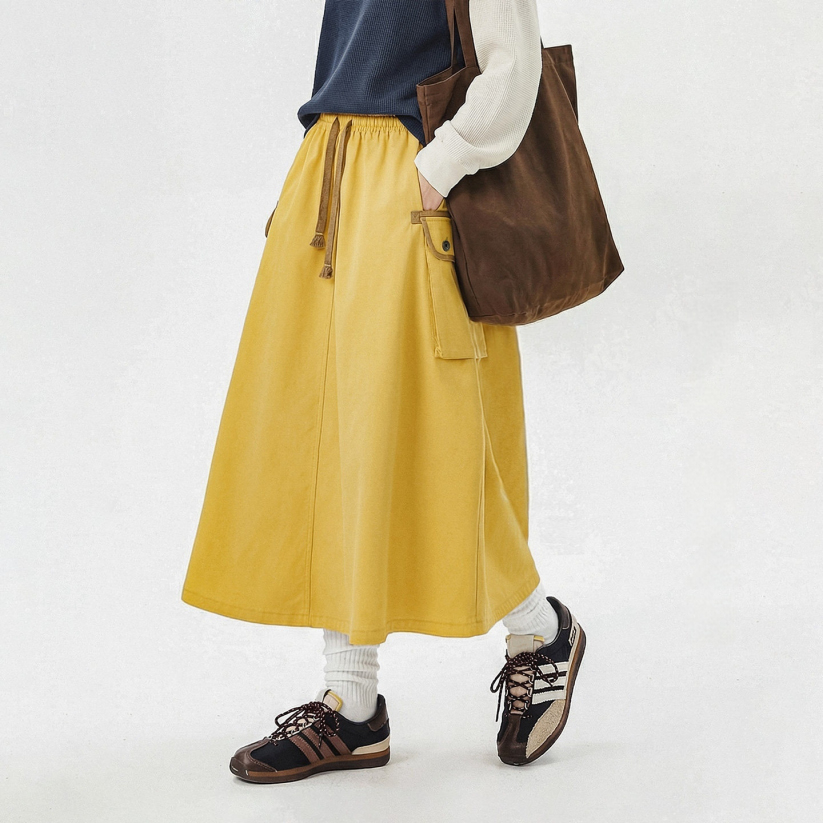 馬登女裝 美式復古鬆緊腰抽繩大裙擺半身長裙工裝A字傘裙子女士春