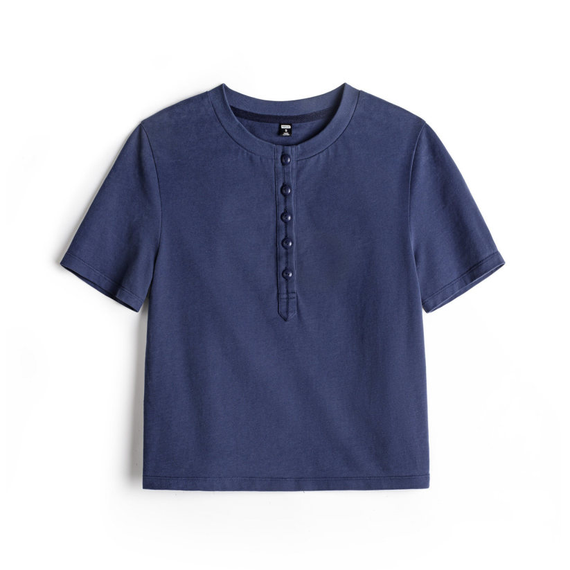 馬登女裝 美式全純棉半開襟亨利領短款修身短袖T恤上衣夏季