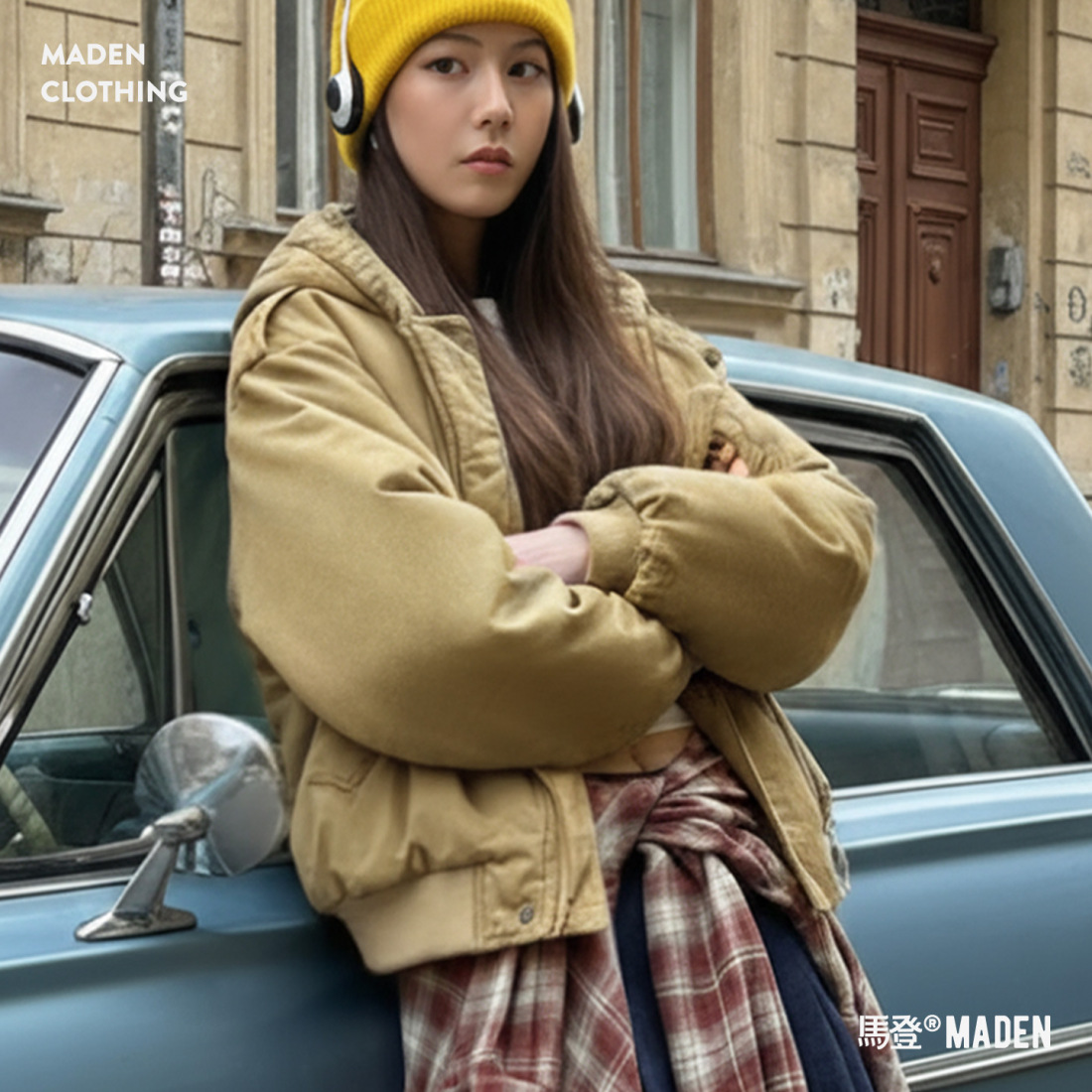 馬登女裝 卡其色美式復古寬鬆飛行員夾克連帽工裝夾克外套秋冬