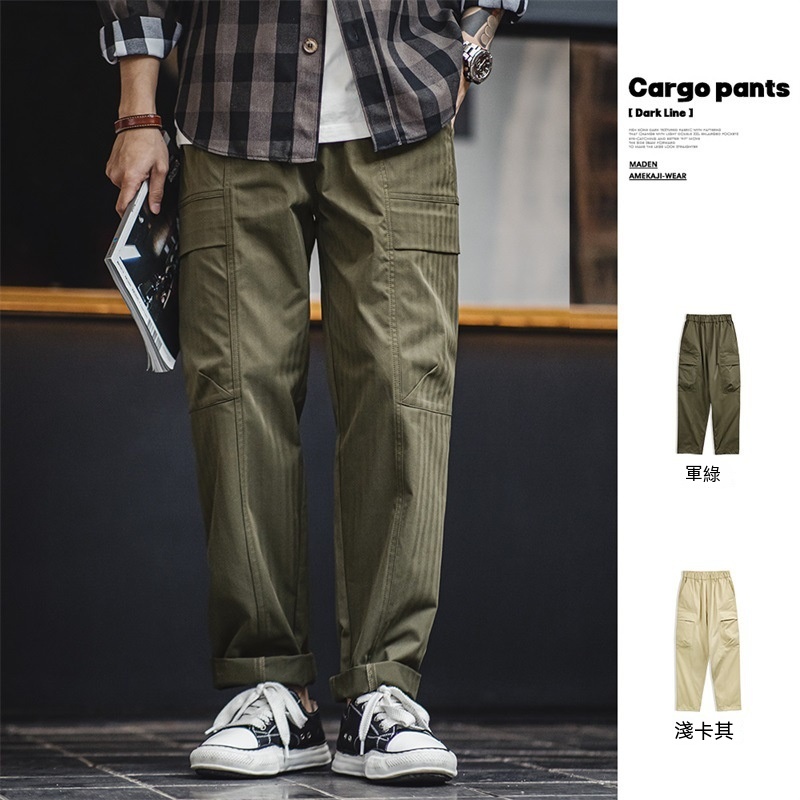 馬登工裝 美式復古多口袋人字紋休閒褲vibe軍綠色直筒工裝褲