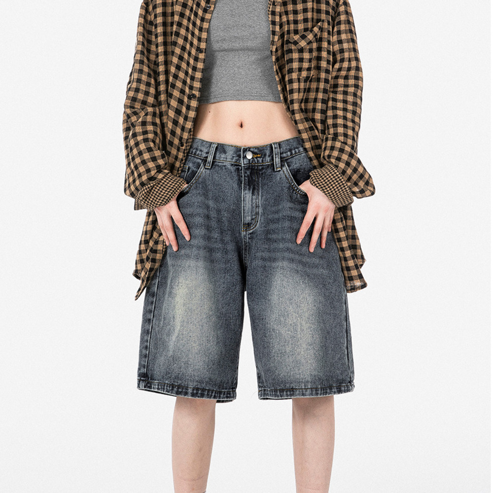 復古做舊水洗牛仔短褲女夏季寬鬆直筒顯瘦五分褲