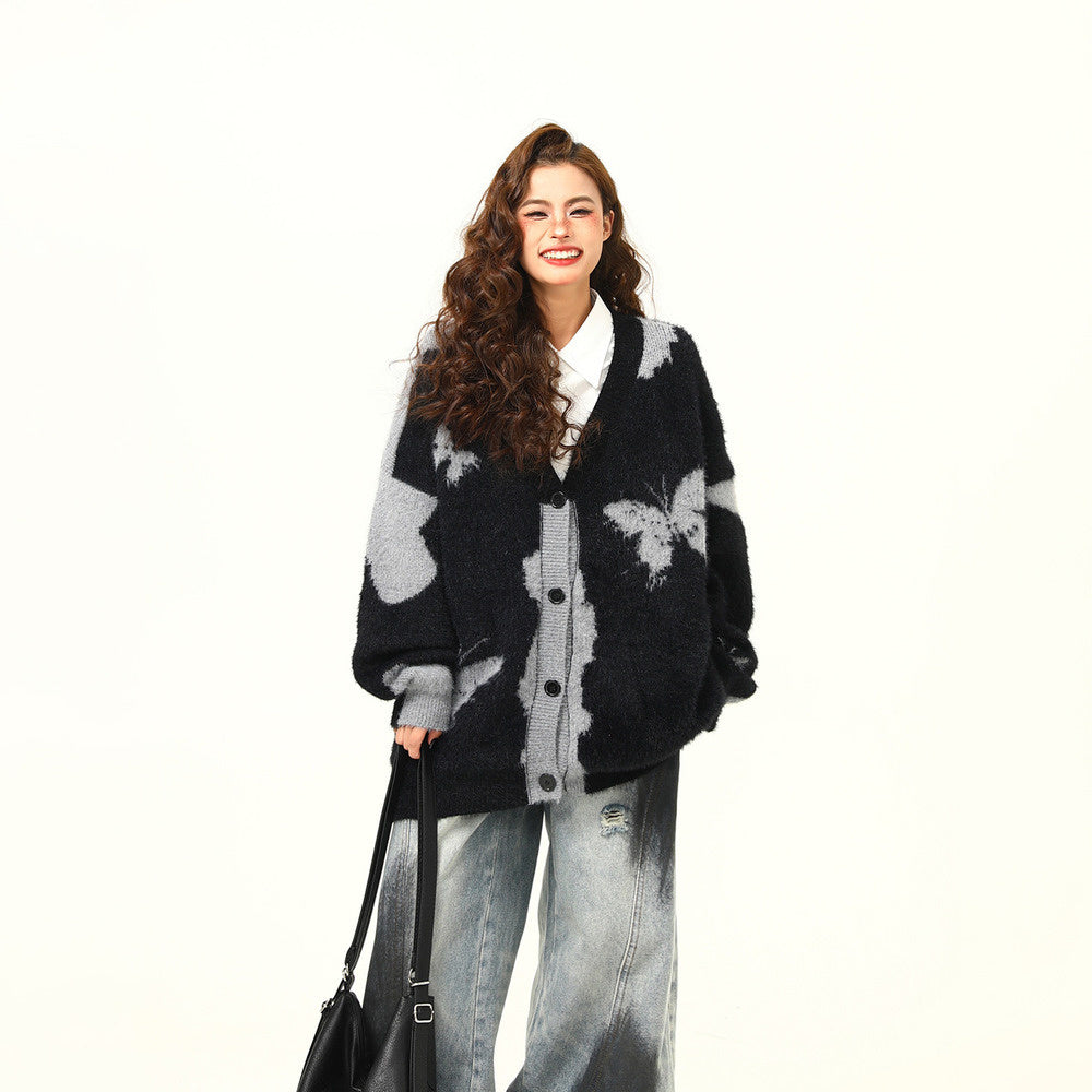 美式復古設計感蝴蝶針織開衫毛衣秋冬慵懶寬鬆情侶針織外套