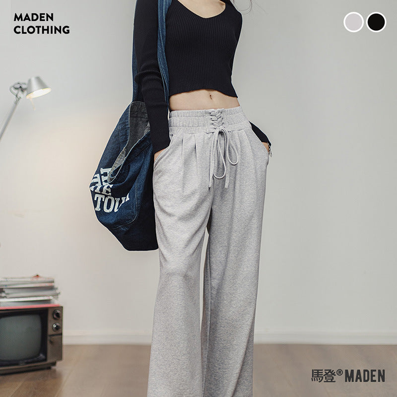 馬登女裝 收腹束腰綁帶喇叭衛褲運動褲美式復古直筒闊腿香蕉褲