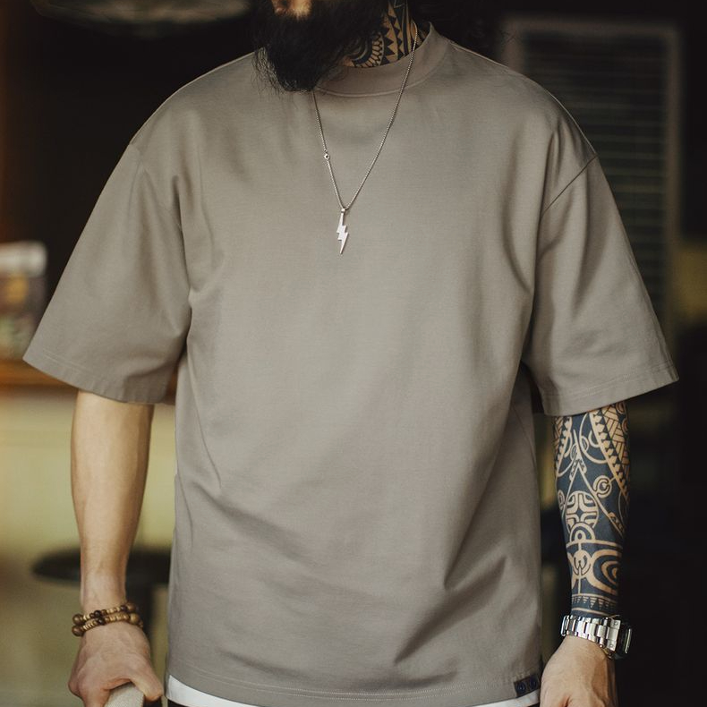 馬登工裝 美式半高小領口落肩短袖老錢風重磅寬鬆半袖T恤男春夏