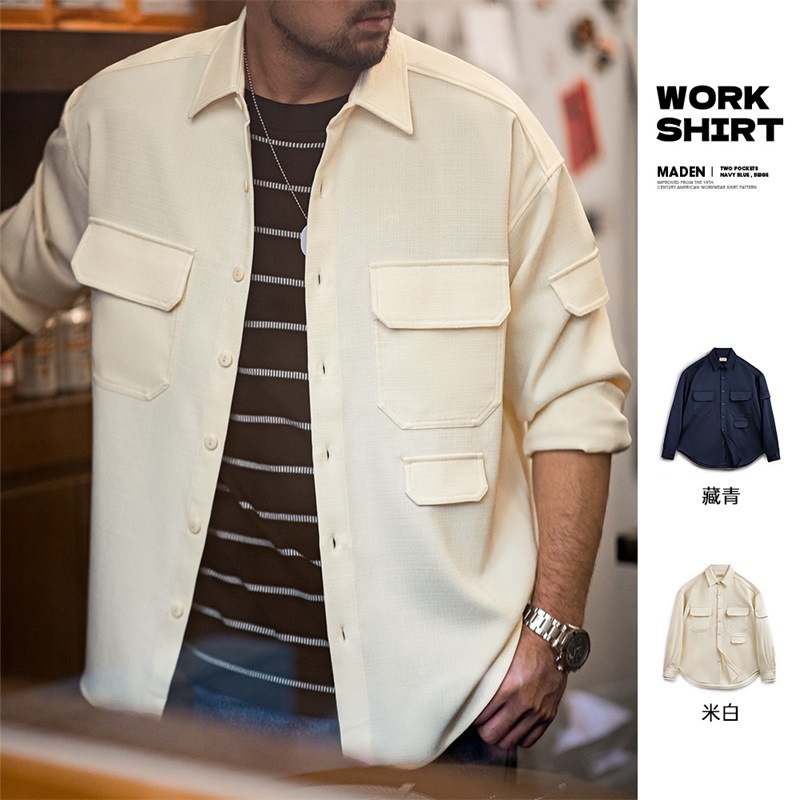 馬登工裝 美式休閒廓形抗皺免燙長袖襯衫寬鬆翻領口袋襯衣外套