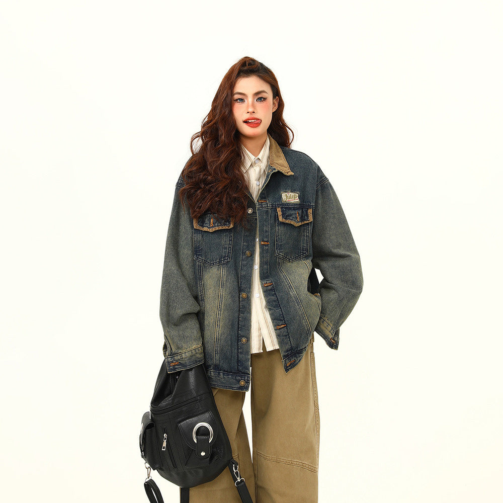 美式復古拼接設計感翻領水洗牛仔外套寬鬆情侶工裝機車夾克