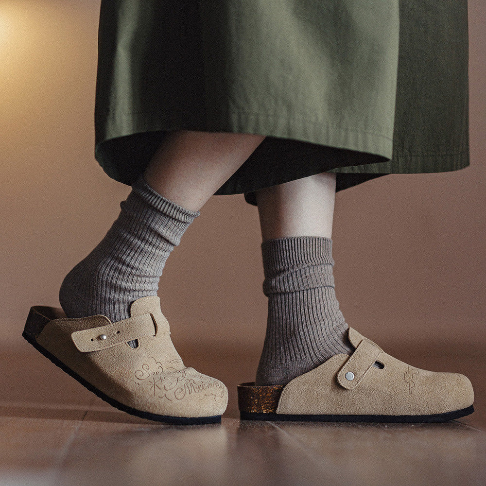 馬登女裝 插畫版穆勒鞋室外軟木休閒包頭凉拖鞋外穿釣魚懶人厚底鞋