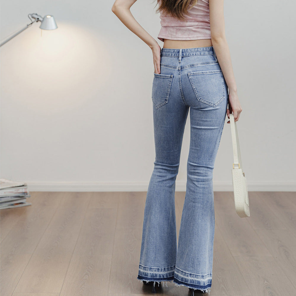 馬登女裝 破洞淺色牛仔褲修身微喇叭褲顯瘦馬蹄褲毛邊長褲