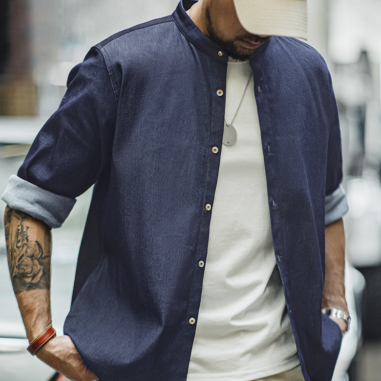 馬登工裝 美式復古凉感冰絲牛仔襯衫水洗休閒長袖襯衣外套男秋