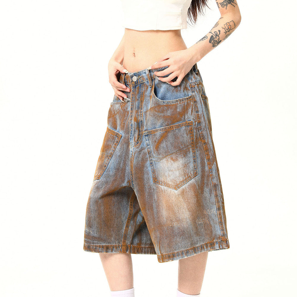 美式復古高街髒染廢土風口袋設計感牛仔短褲寬鬆七分褲