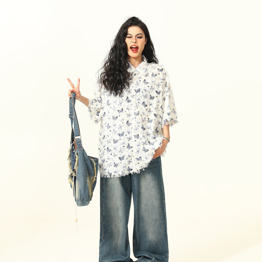 夏季新款蝴蝶流蘇設計感短袖襯衫女個性小眾寬鬆襯衣